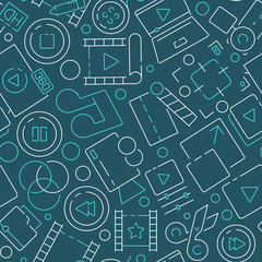 Wall Mural - Movie pattern. Editing film production cinema symbols entertainment industry tv show studio multimedia items vector seamless background. Illustration of media and video film, camera and clapper