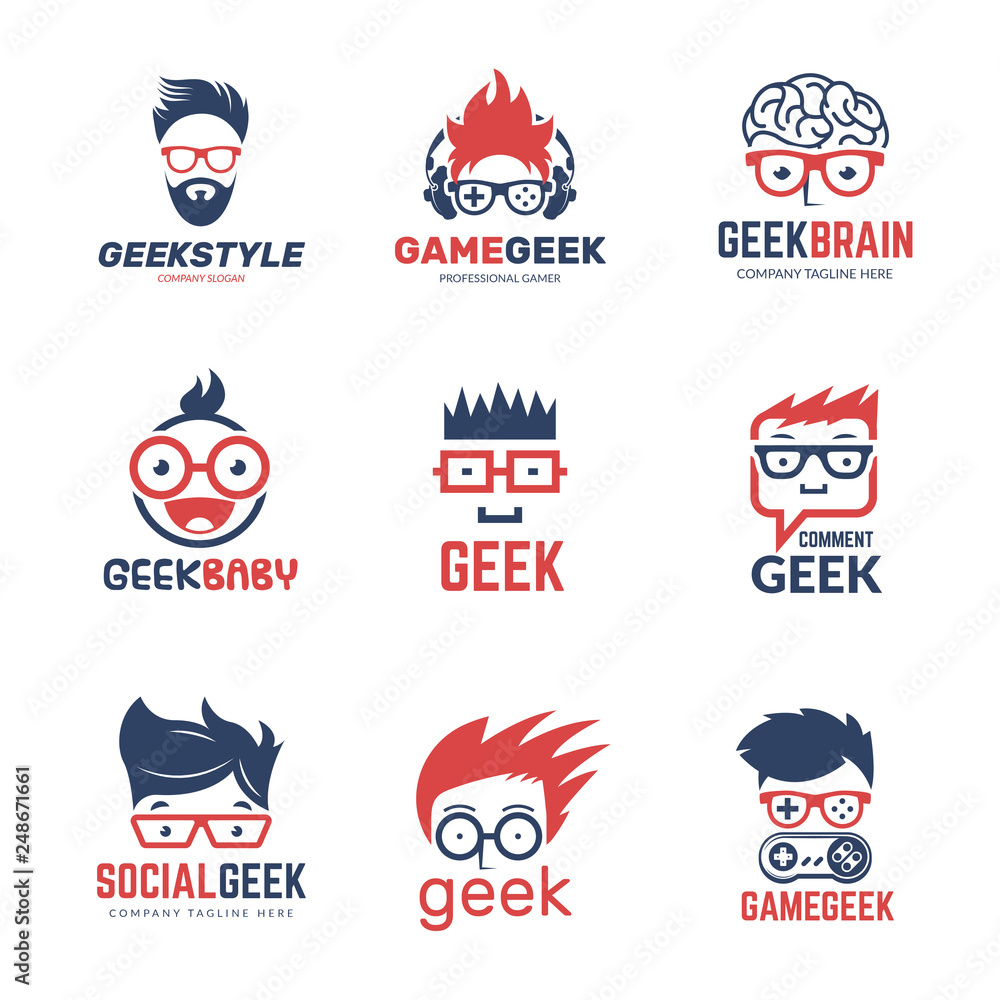 Geek logo. Business identity of smart programmers thinking nerd computer education vector design template. Programmer geek and smart nerd illustration - obrazy, fototapety, plakaty 