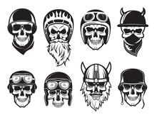 Skull Bandana Helmet. Bikers Rock Symbols Tattoo Vector Black Pictures. Illustration Of Rock Biker Skull, Set Of Tattoo Vintage Drawing