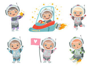 Wall Mural - kids astronauts. children funny characters in space suit spaceman vector mascots. astronaut space, s