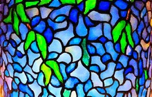 Watercolour Painting Of Blue And Green Leaded Stained Glass Mosaic Background. Wisteria Pattern, Tiffany Style. Close Up Detail.