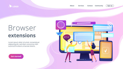 Programmers with browser windows and pc and tablet. Cross-browser compatibility, cross-browser and browser compatible concept on white background. Website vibrant violet landing web page template.