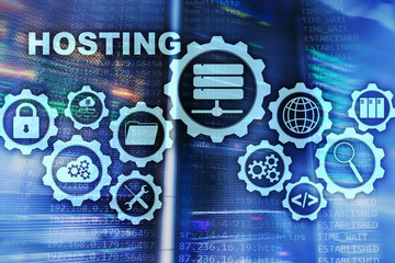 Wall Mural - Web Hosting Technology Internet and Networking Concept. On Server room background. Virual screen