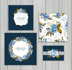 Wall Mural - Set of vector templates for greetings or invitations to the wedding and one seamless pattern with blue hydrangea. Invitation card, frame and floral elements for creative own design.