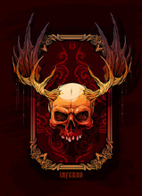Detailed Graphic Realistic Horrible Colorful Human Skull With Big Moose Horns Or Antlers. On Dark Background With Hunting Trophy Frame. Vector Icon.