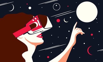 Vector illustration of a woman using virtual reality glasses. The planets and the stars next to her. The concept of modern technology and new experience