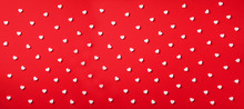 Seamless Pattern. White Hearts On Red Background. Top View. Valentine's Day. Love, Date, Romantic Concept. Banner