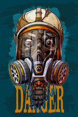 Detailed graphic cool realistic colorful human skull with protective gas mask, crazy eyes and broken spine. Isolated on blue grunge background. Vector icon.