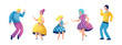 © Anna - Grandmother, mother and daughter in dresses dance, jump and rejoice. Dad and Grandpa in pants, Vector flat illustration in cartoon style. Set of Isolated objects characters on white background