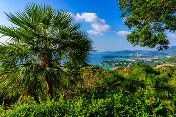 Wall Mural - Karon View Point - View of Karon Beach, Kata Beach and Kata Noi in Phuket, Thailand. Landscape scenery of tropical and paradise island. Beautiful turquoise sea and blue sky on summer day.