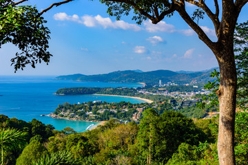 Wall Mural - Karon View Point - View of Karon Beach, Kata Beach and Kata Noi in Phuket, Thailand. Landscape scenery of tropical and paradise island. Beautiful turquoise sea and blue sky on summer day.