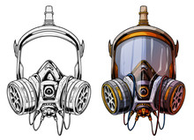 Graphic Detailed Chemical Gas Mask Respirator With Protective Glass And Filters. Isolated On White Background. Vector Icons Set.