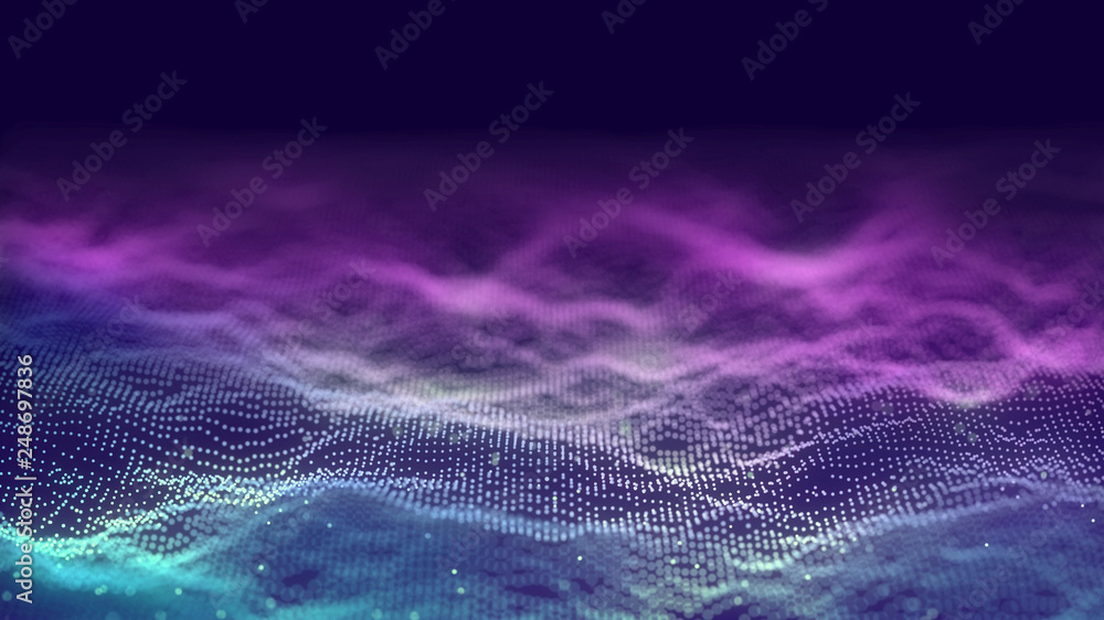 3d abstract digital technology background. Futuristic sci-fi user interface concept with gradient dots and lines. Big data, artificial intelligence, music hud. Blockchain and cryptocurrency - obrazy, fototapety, plakaty 