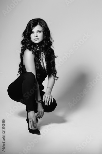 Black And White Portrait Of Young Model With Long Hair Pretty