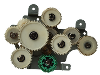 Mechanism with gears, electric motor and propeller on white background