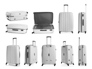 Poster - Set of stylish light suitcase for travelling on white background