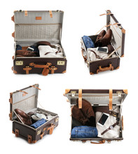 Set Of Vintage Suitcase Packed For Travelling On White Background