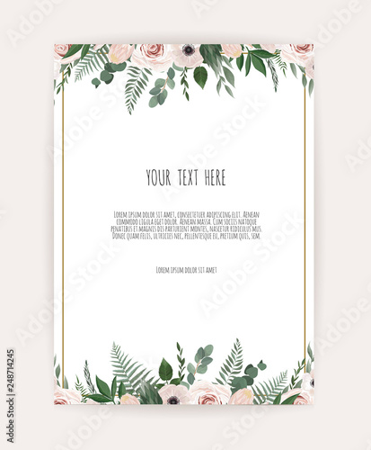 Card with flower rose, leaves. Wedding ornament concept. Floral poster, invite.