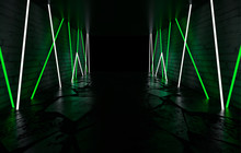 Background Of Empty Room, Concrete Floor And Walls, Tiles. Multicolored Laser Lines, Neon Light, Smoke