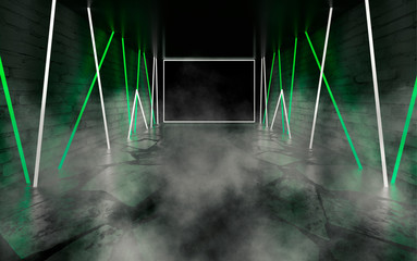 Background of empty room, concrete floor and walls, tiles. Multicolored laser lines, neon light, smoke