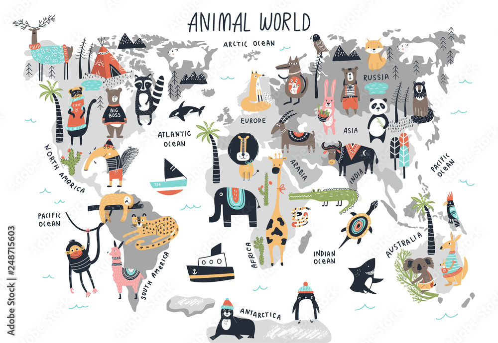 Animal World Map - cute cartoon hand drawn nursery print in scandinavian style. Vector illustration - obrazy, fototapety, plakaty 