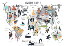 Animal World Map - Cute Cartoon Hand Drawn Nursery Print In Scandinavian Style. Vector Illustration