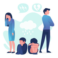 Family Quarrel. Unhappy Couple. Conflict In Relations, Disagreements. A Man And A Woman Are Angry With Each Other. Vector Illustration In A Flat Style