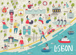 Illustrated Map of Lisbon with cute and fun hand drawn characters, local plants and elements. Color vector illustration