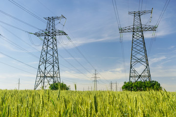 high-voltage power lines. electricity distribution station. high voltage electric transmission tower