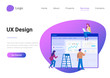 © Sentavio - UI UX Design People Teamwork Flat style landing page banner vector illustration. Creative Team creating interface on web browser window.