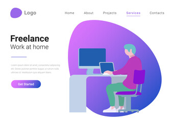 Wall Mural - freelance, teleworking and work at home flat style landing page banner vector illustration concept. 