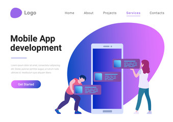 Wall Mural - mobile application web design and development flat style landing page banner vector illustration. ma