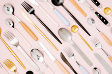 .Collection Of Various Cutlery On Pastel Background, Flat Lay, Top View,.