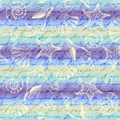 Poster - Blue waves pattern and hand draw in marine style.