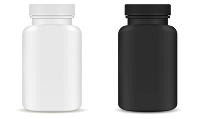 Wall Mural - Plastic Pill Bottle Kit. Supplement Container. 3d Pharmaceutical Box for Capsule. Medical Jar Pack in Black and White Design. Prescription Tablet Product Package. Remedy Mockup.