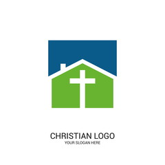 Christian church logo. Bible symbols. Cross of Jesus Christ on the background of the house.