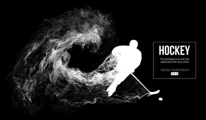 Wall Mural - Abstract silhouette of a hockey player on dart, black background from particles, dust, smoke, steam. Hockey player hits the puck. Background can be changed to any other. Vector illustration