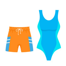 Set Of Women's Swimsuit And Men's Swimming Trunks Shorts For Swimming. Vector Illustration Isolated