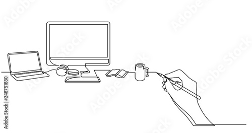 Hand Drawing Business Concept Sketch Of Desktop Computer Laptop