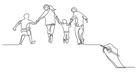 hand drawing business concept sketch of happy family running on beach