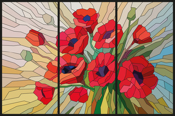 Wall Mural - Stained glass scarlet poppies from angular pieces. Vector graphics