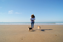 Young Woman With Her Dogs On The Beach In A Winter Sunny Day