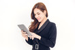 © Art_Photo - Portrait of smiling business woman holding a tablet computer isolated on white background