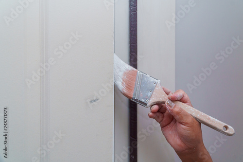 Fotomural Painting of wooden door, workers hand and brush