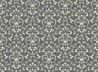  Wallpaper in the style of Baroque. Seamless vector background. Grey floral ornament. Graphic pattern for fabric, wallpaper, packaging. Ornate Damask flower ornament