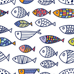 Wall Mural - Cute fish.  Kids line background. Seamless pattern. Can be used in textile industry, paper, background, scrapbooking.