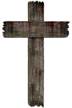 Bloody Background Scary Old Grunge Wooden Cemetery Cross Isolated On White Background, Concept Of Horror And Halloween