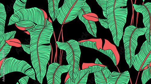 Tropical plants seamless pattern, Bird of paradise on black background