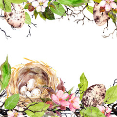 Wall Mural - Easter eggs, nest, grass and pink flowers. Watercolor Easter card