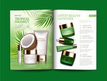 Vector Template For Glossy Cosmetic Magazine. Magazine Or Catalog Spread, Page With Natural Cosmetics Made From Tropical Coconut Next To Palm Leaves And Page With Green Night And Day Skin Care Complex